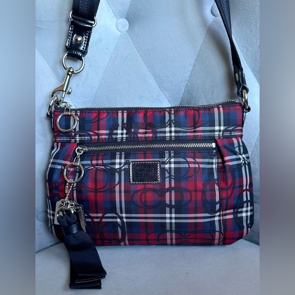 Coach Rare Poppy Red and Black Plaid Crossbody Bag - Picture 1 of 15